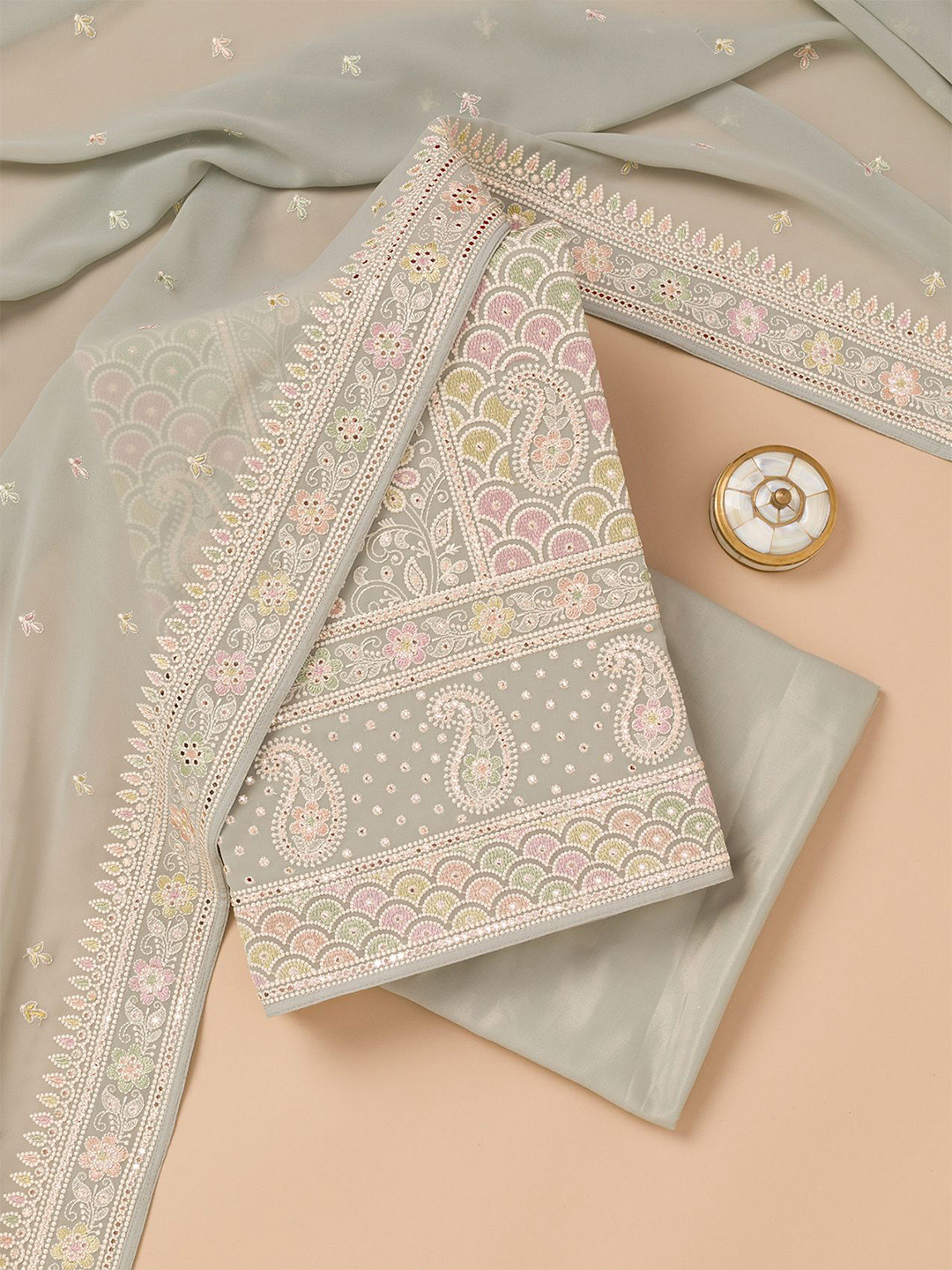 

Koskii Floral Embroidered Thread Work Unstitched Dress Material, Grey