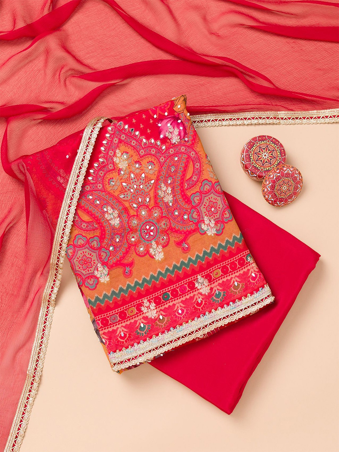 

Koskii Floral Embroidered Mirror Work Unstitched Dress Material, Red