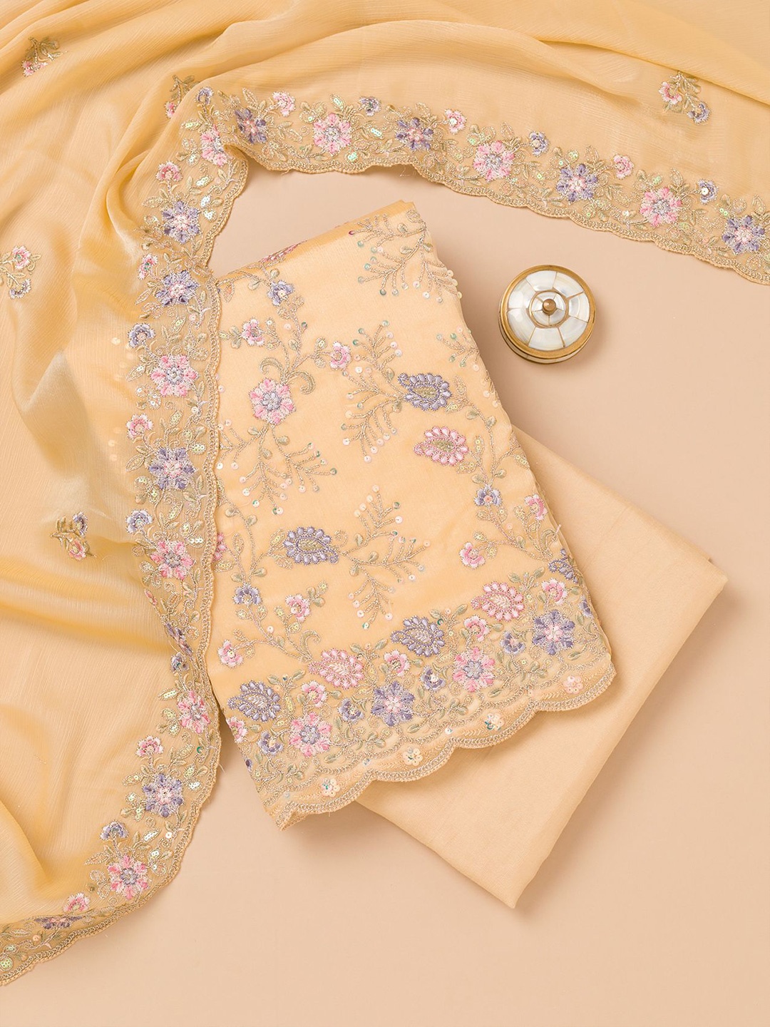 

Koskii Floral Embroidered Sequinned Unstitched Dress Material, Beige