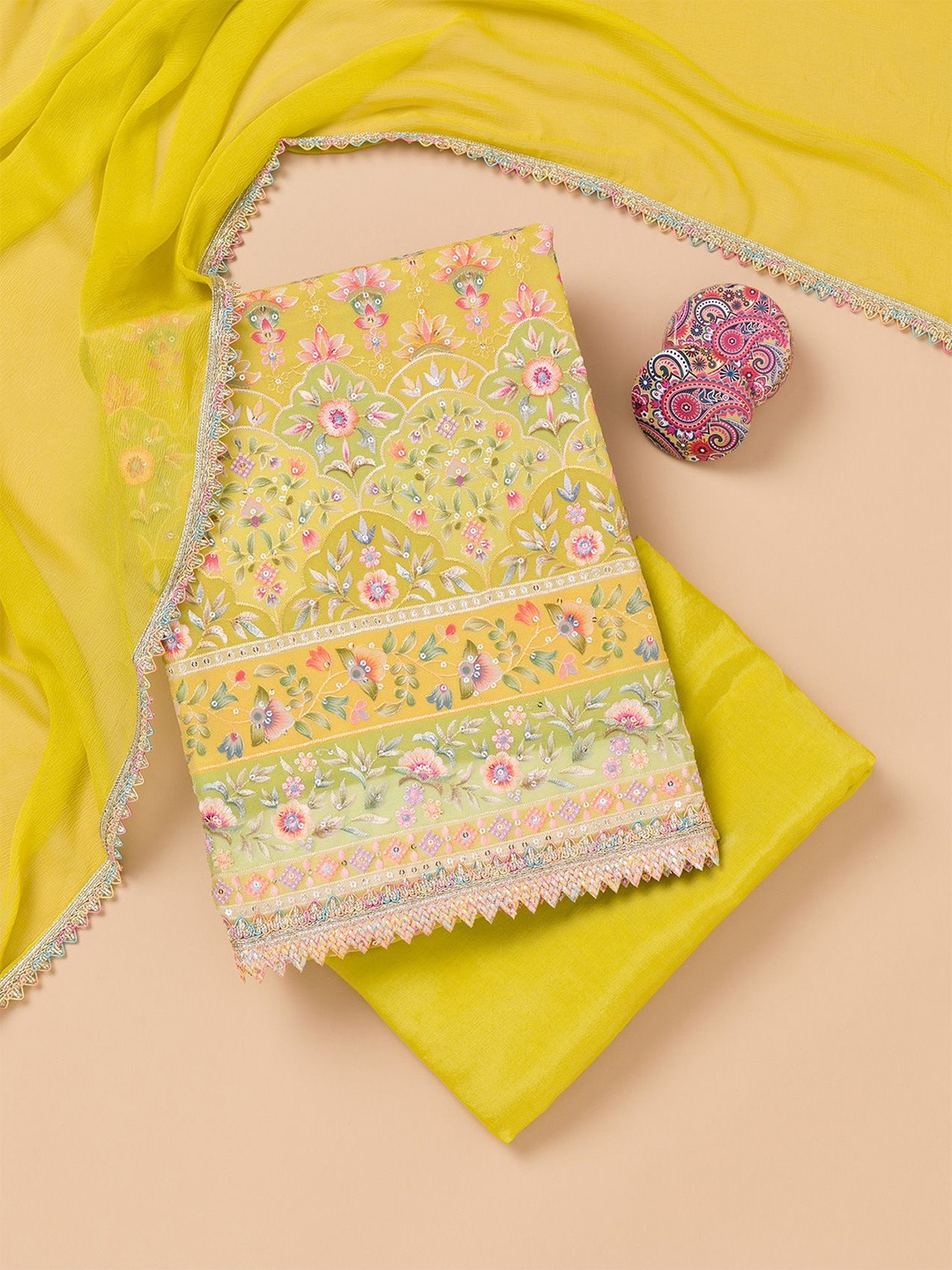 

Koskii Floral Embroidered Sequined Unstitched Dress Material, Yellow