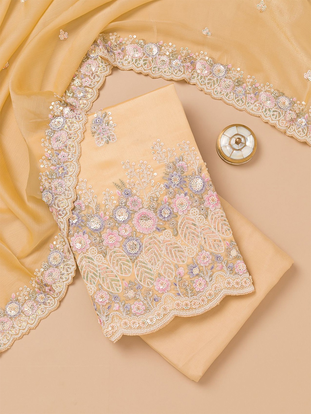 

Koskii Floral Embroidered Beads and Stones Unstitched Dress Material, Beige