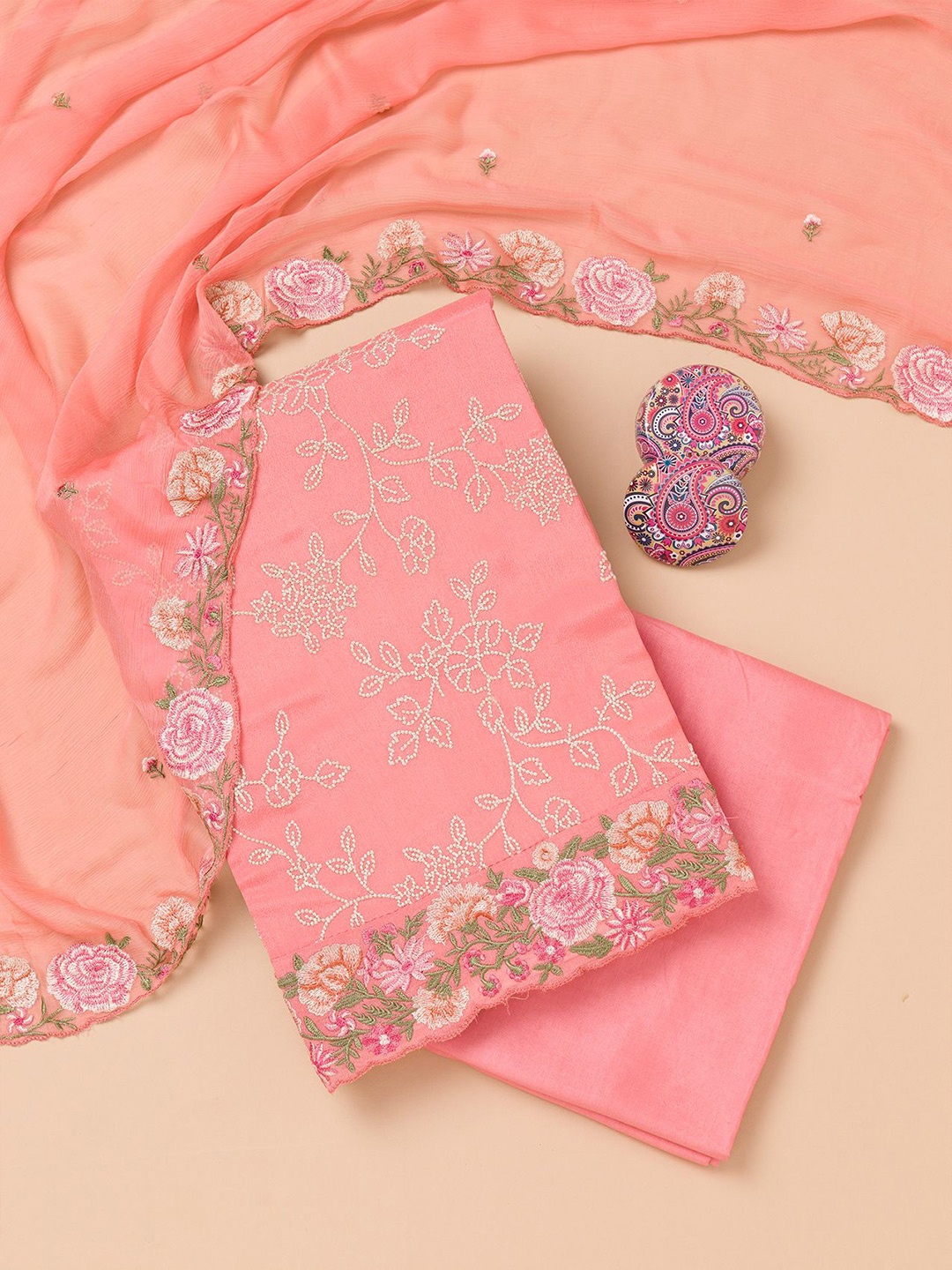 

Koskii Floral Embroidered Unstitched Dress Material, Peach