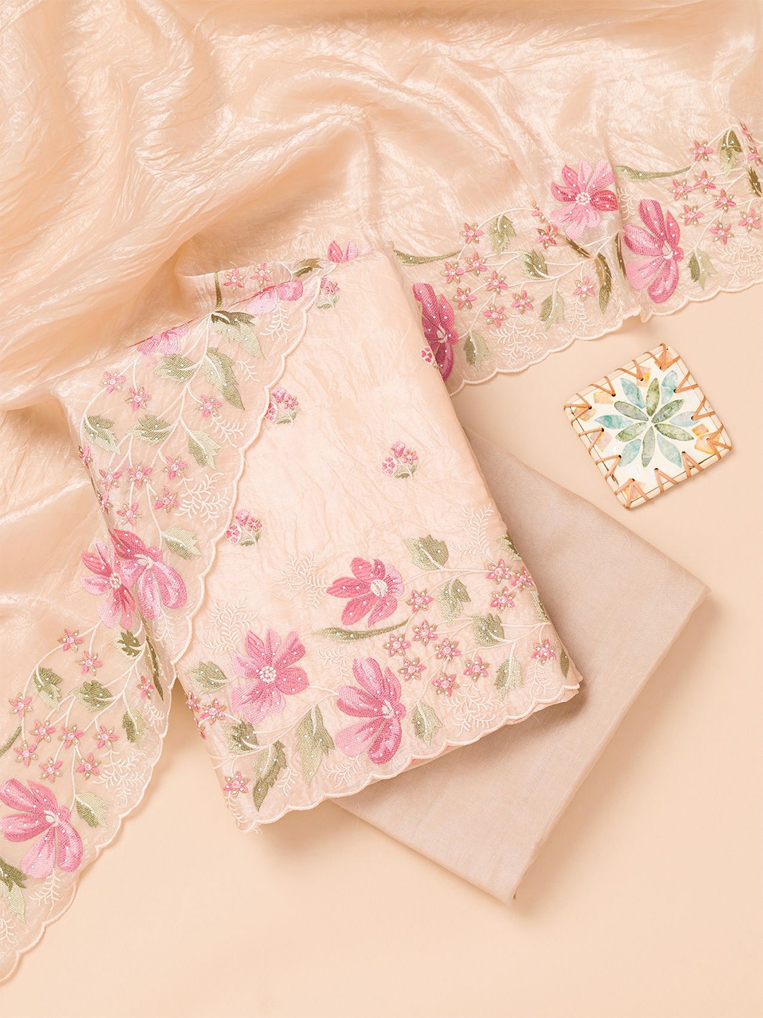 

Koskii Floral Embroidered Beads and Stones Unstitched Dress Material, Beige