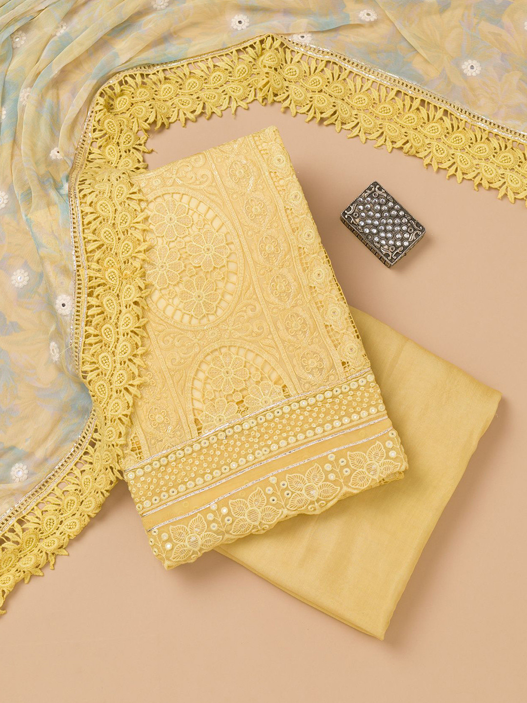 

Koskii Floral Embroidered Unstitched Dress Material, Yellow