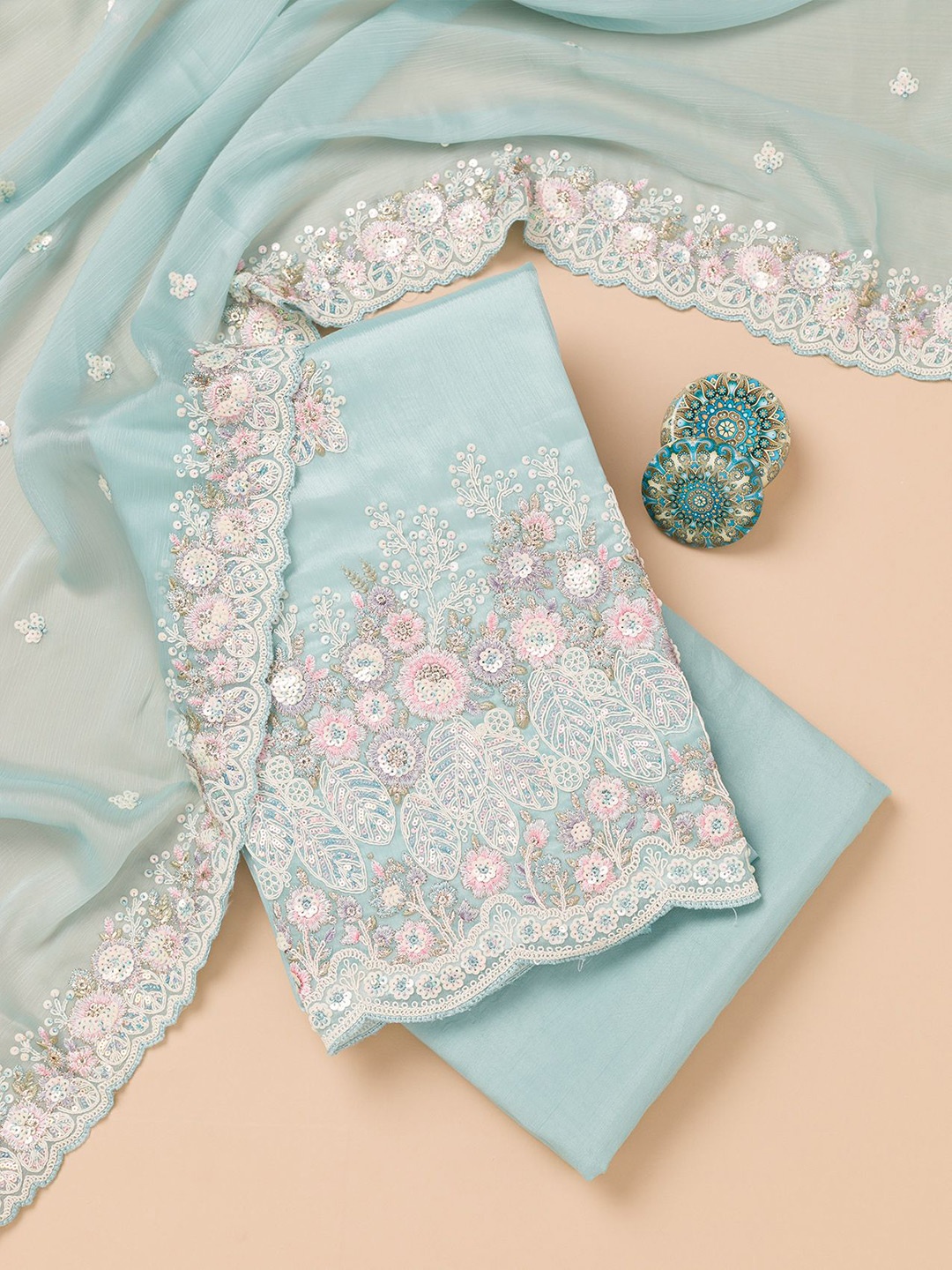 

Koskii Floral Embroidered Sequinned Unstitched Dress Material, Blue