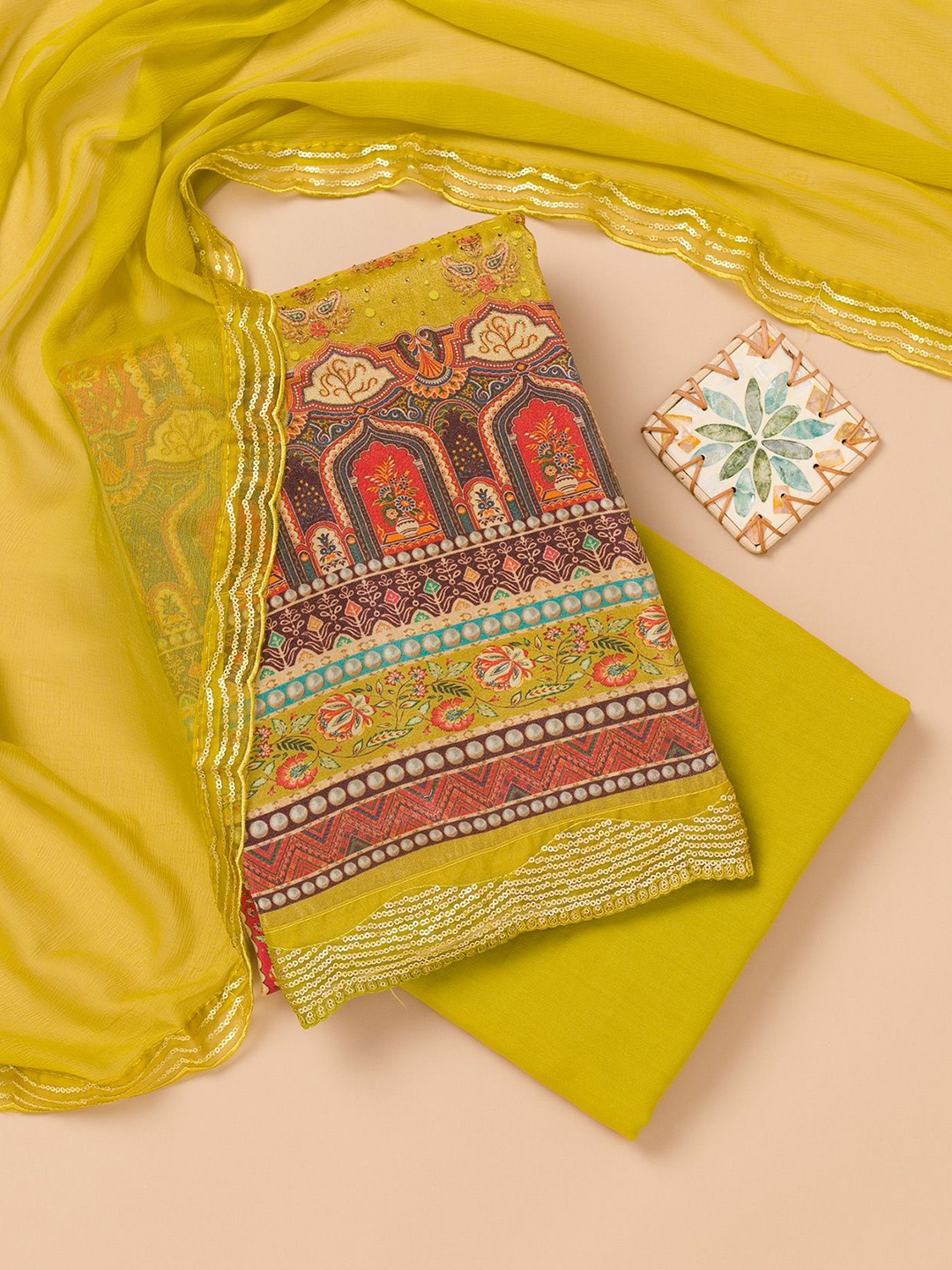 

Koskii Ethnic Motifs Printed Unstitched Dress Material, Green