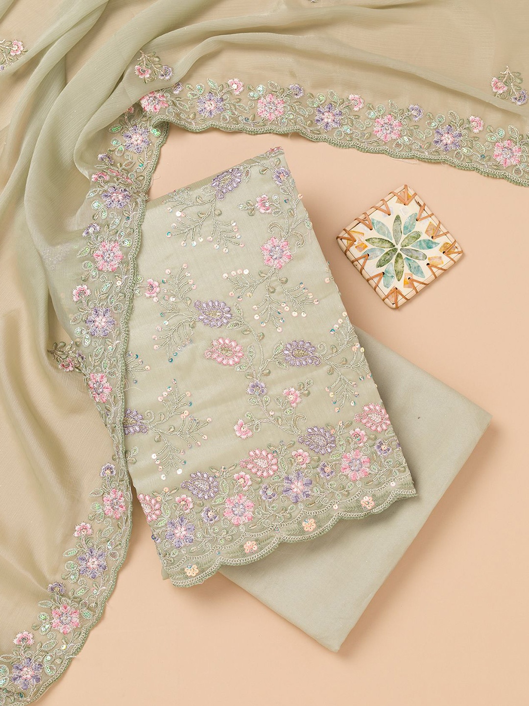 

Koskii Floral Embroidered Sequinned Unstitched Dress Material, Green