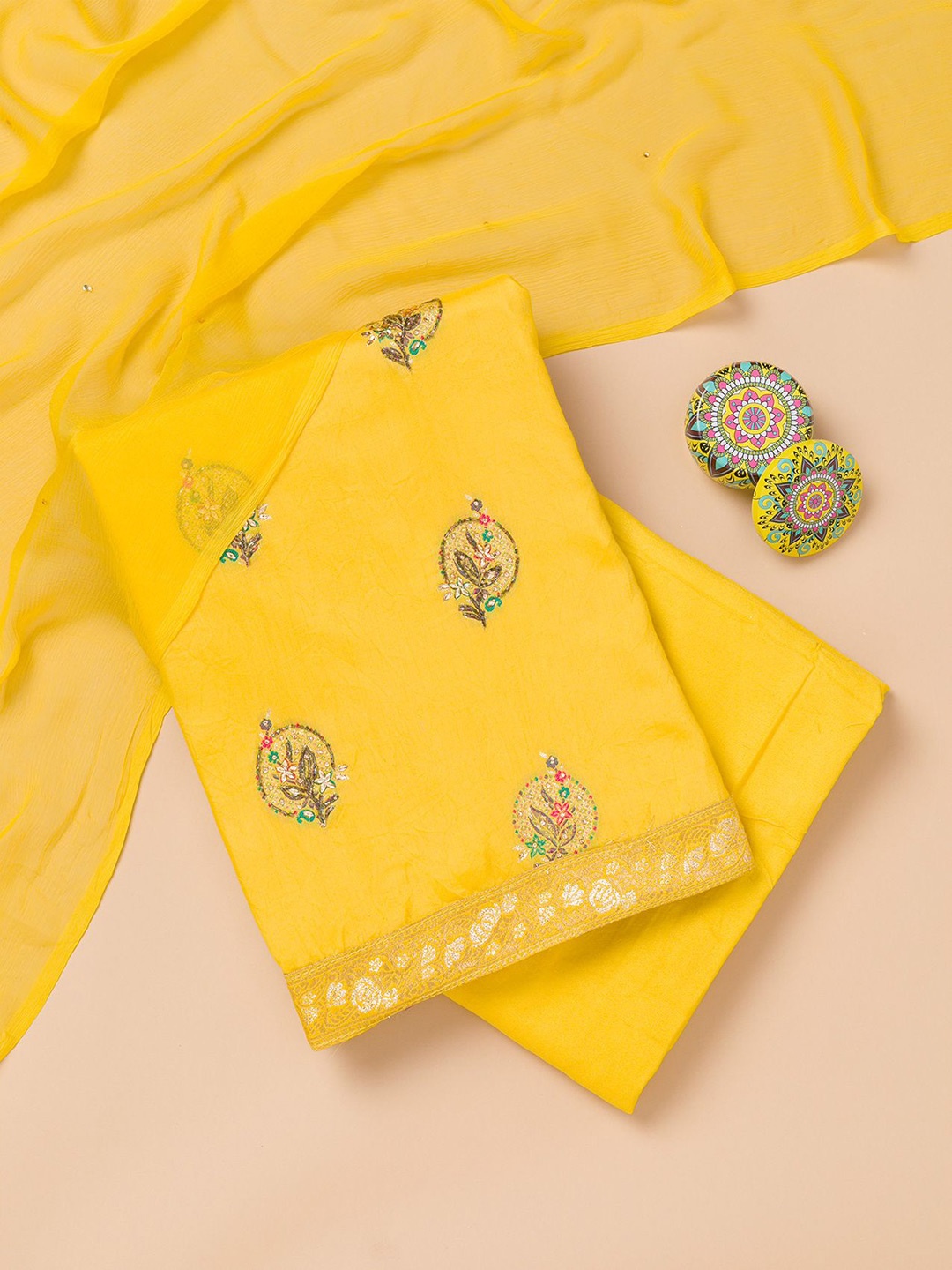

Koskii Ethnic Motifs Embroidered Beads and Stones Unstitched Dress Material, Yellow
