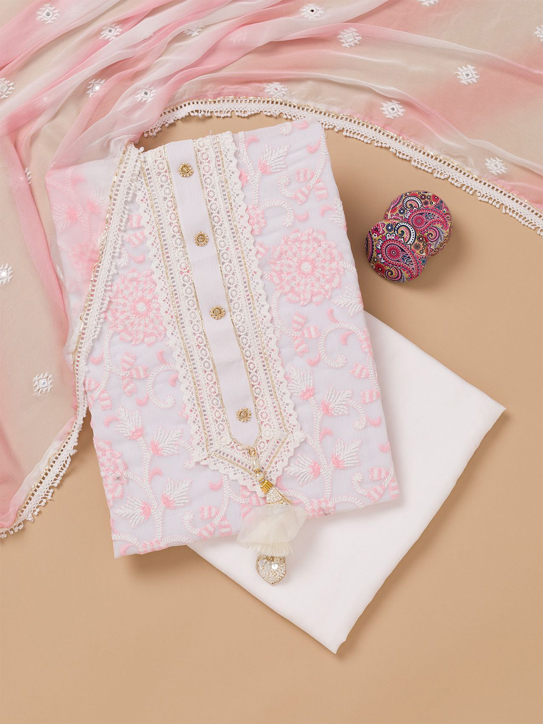 

Koskii Floral Embroidered Thread Work Unstitched Dress Material, Pink