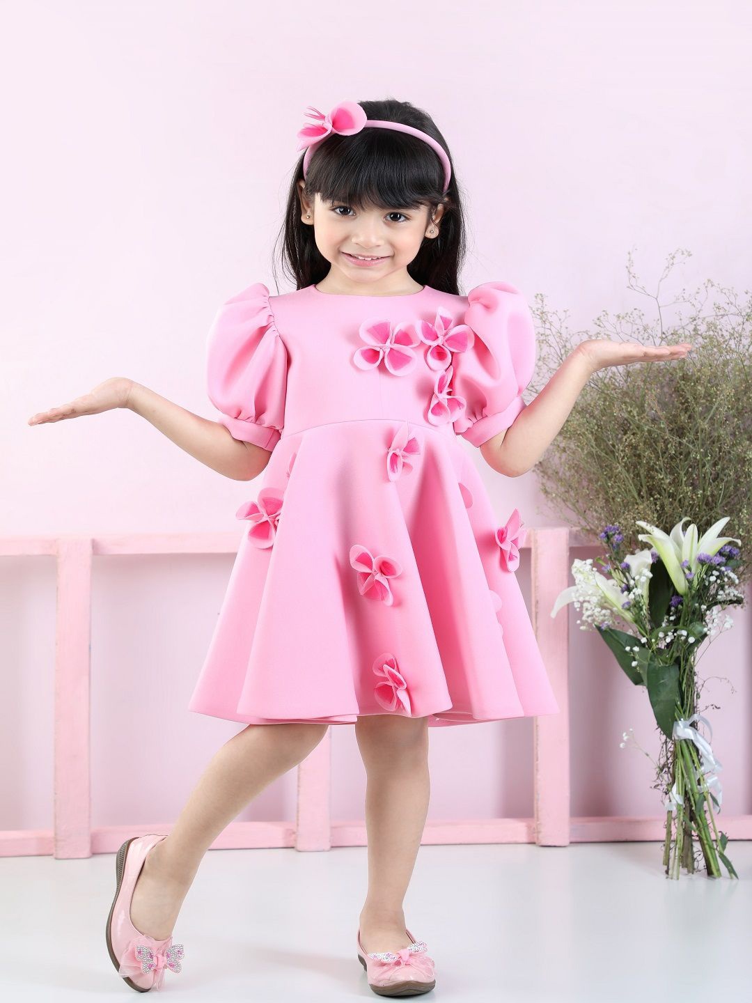 

THE LITTLE CELEBS Women Applique Puff Sleeves Scuba Fit & Flare Dress, Pink