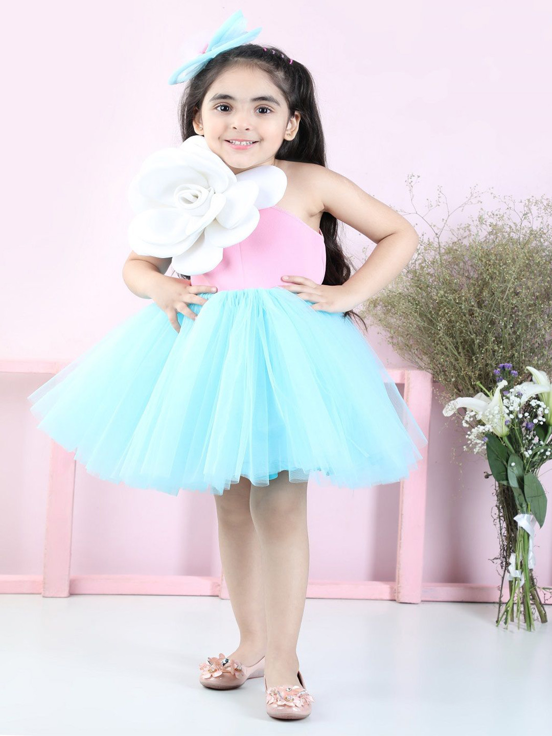 

THE LITTLE CELEBS Colourblocked Applique Scuba Fit & Flare Dress, Pink