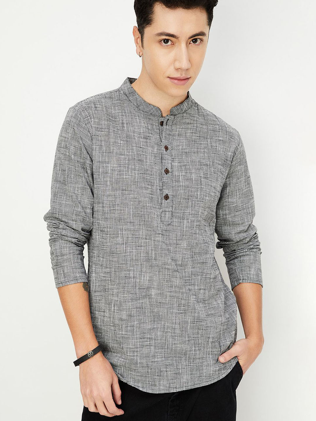 

max Mandarin Collar Pure Cotton Straight Kurta, Black