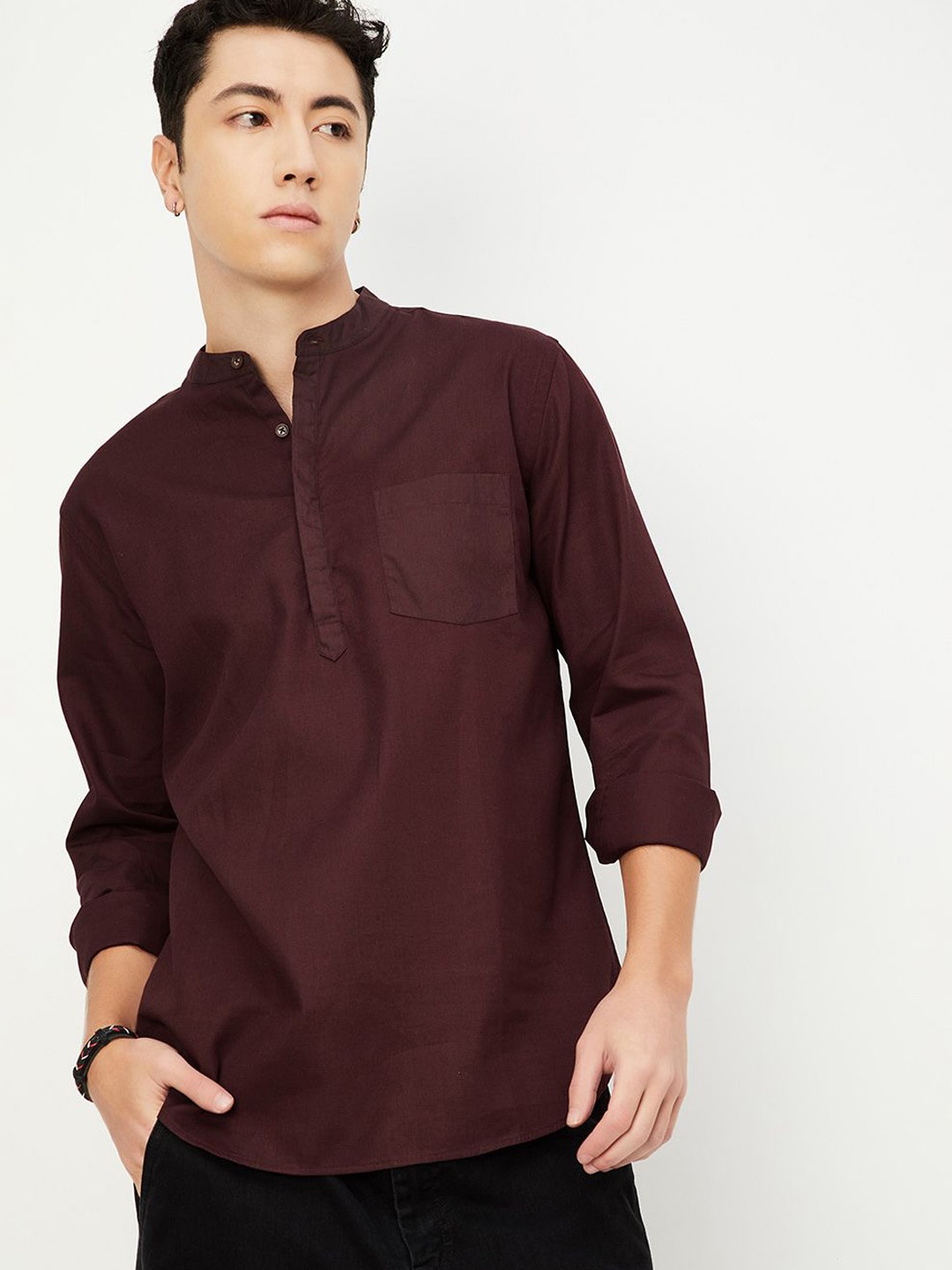 

max Mandarin Collar Pure Cotton Straight Kurta, Maroon