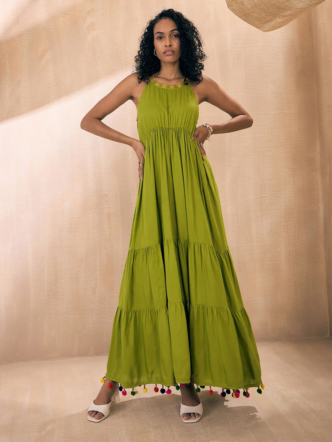 

Pink Paprika by SASSAFRAS Women Solid Pom-Pom Detail Sleeveless Shoulder Straps Maxi Dress, Green
