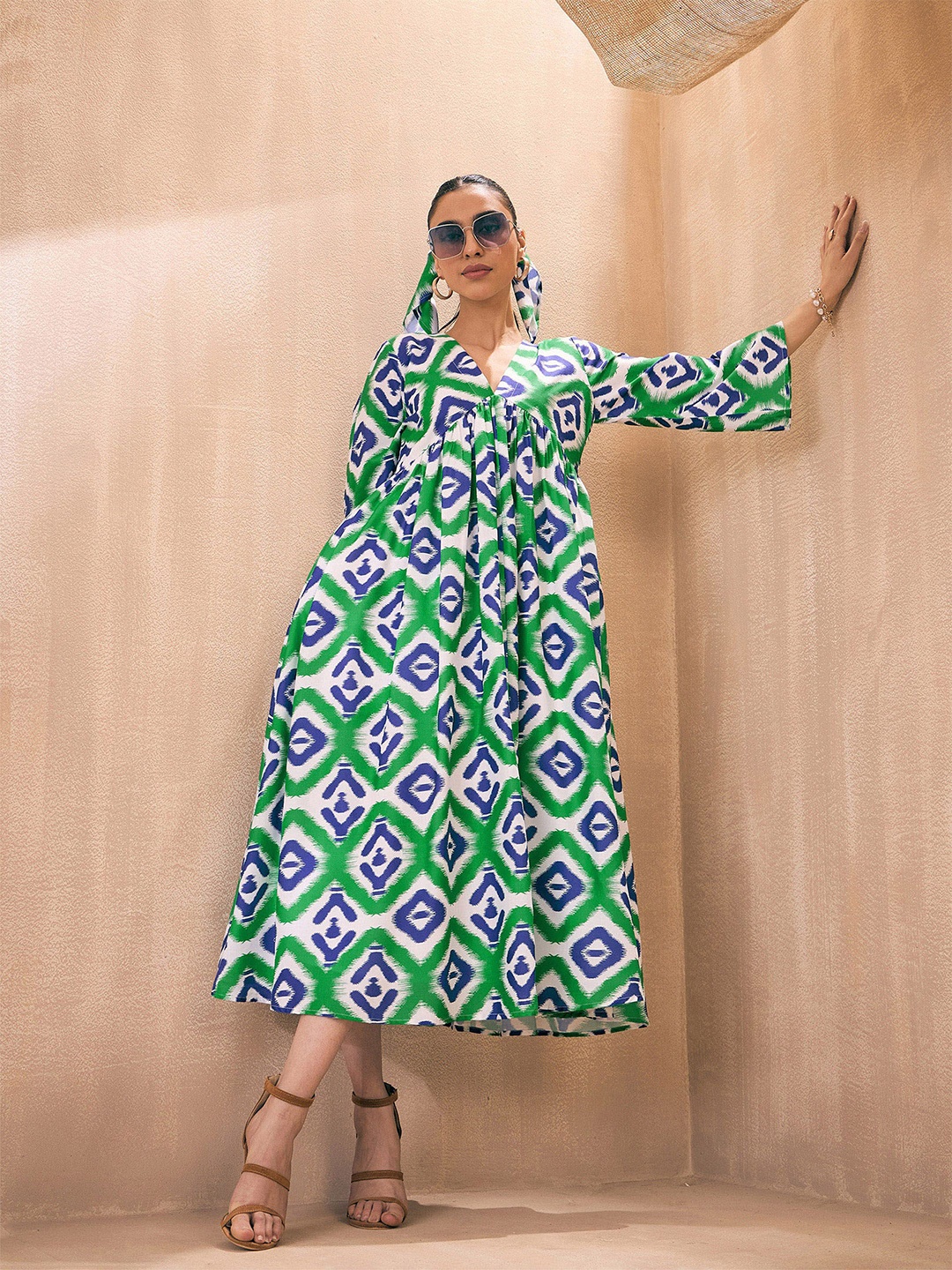 

Pink Paprika by SASSAFRAS Ikat Print A-Line Midi Dress, Green
