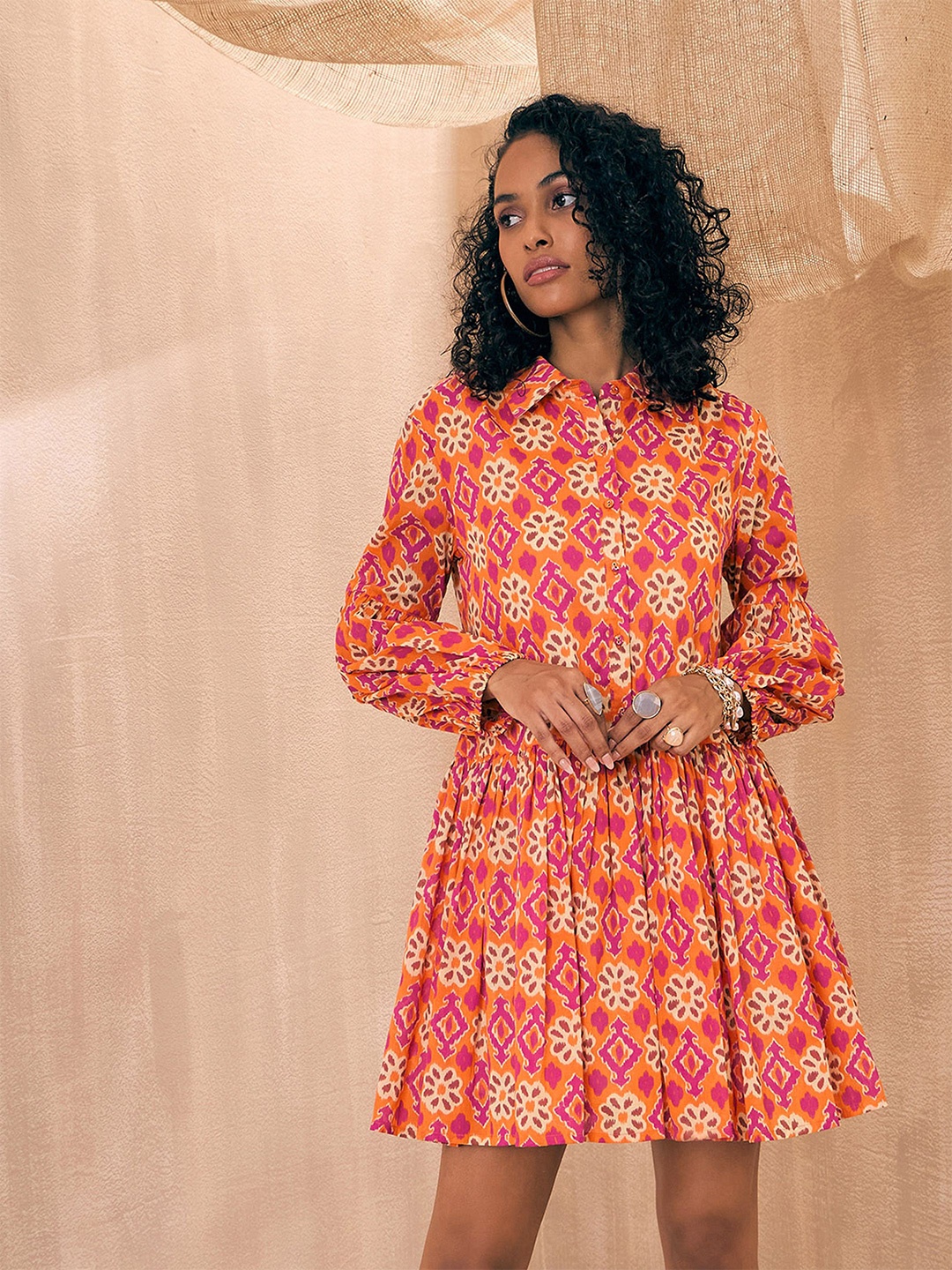 

Pink Paprika by SASSAFRAS Ikat Print Puff Sleeve Cotton Fit & Flare Dress, Orange