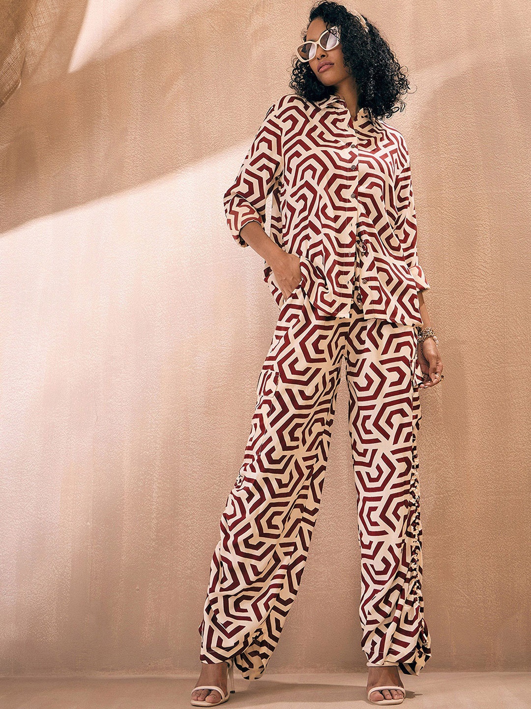 

Pink Paprika by SASSAFRAS Printed Shirt With Ruched Trouser, Maroon