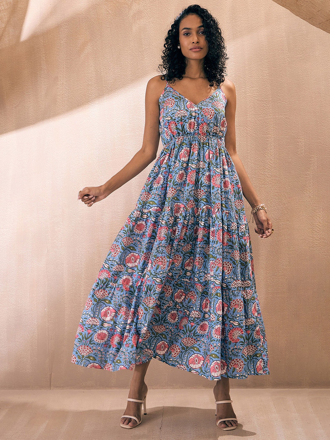 

Pink Paprika by SASSAFRAS Floral Print Cotton Empire Maxi Dress, Blue