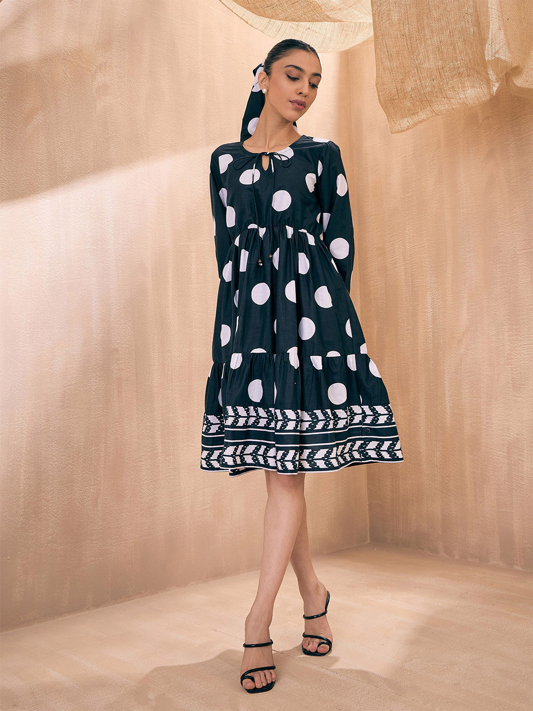 

Pink Paprika by SASSAFRAS Women Polka Dot Print Tie-Up Neck Fit and Flare Dress, Black