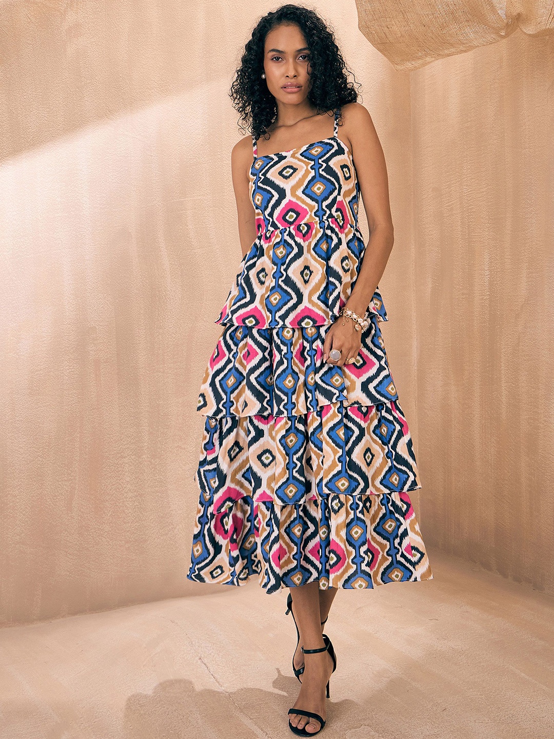 

Pink Paprika by SASSAFRAS Print Cotton Layered Fit & Flare Midi Dress, Blue