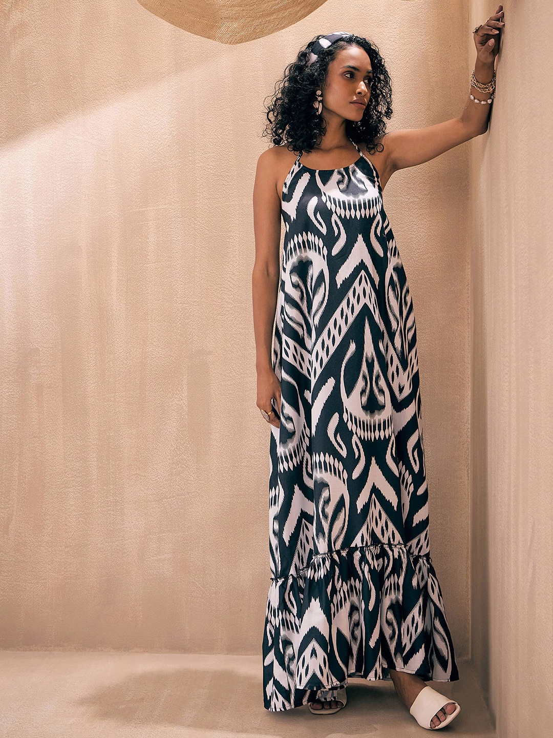 

Pink Paprika by SASSAFRAS Ikat Printed Halter Neck Loose Maxi Dress, Black
