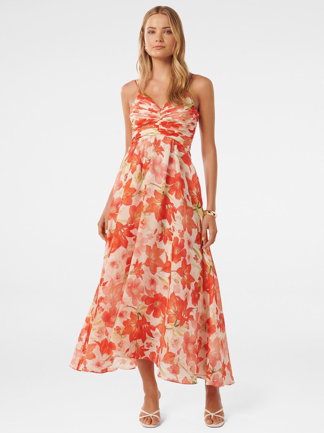 

Forever New Women Floral Print Ruched Maxi Fit and Flare Dress, Red