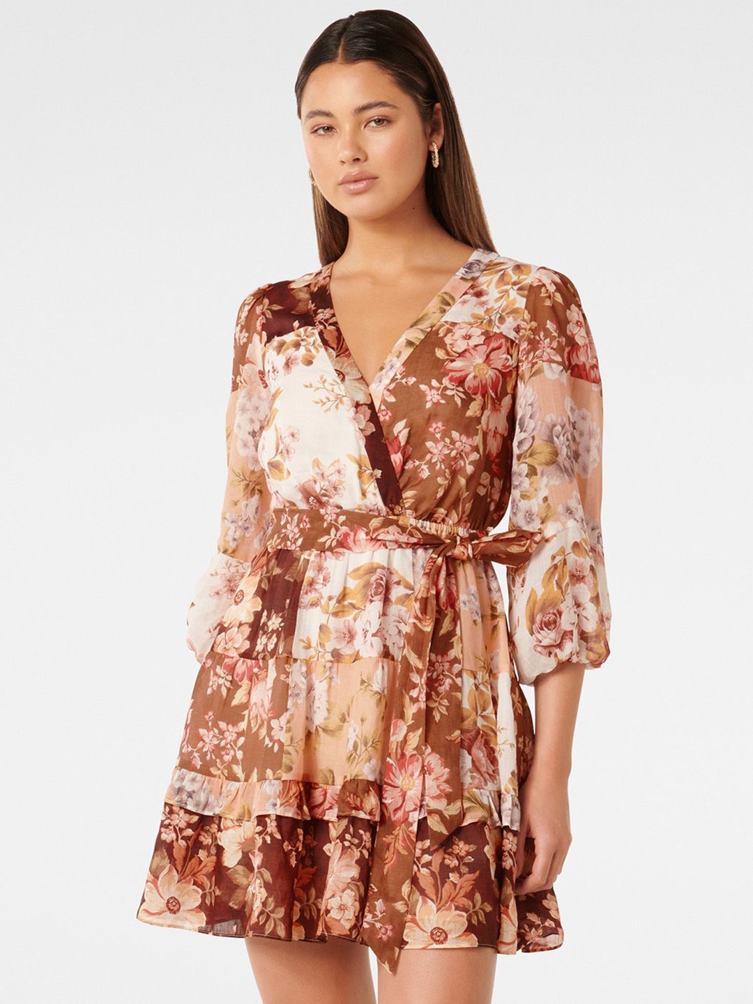Forever New Women Floral Print Puff Sleeve Wrap Mini Dress, Brown