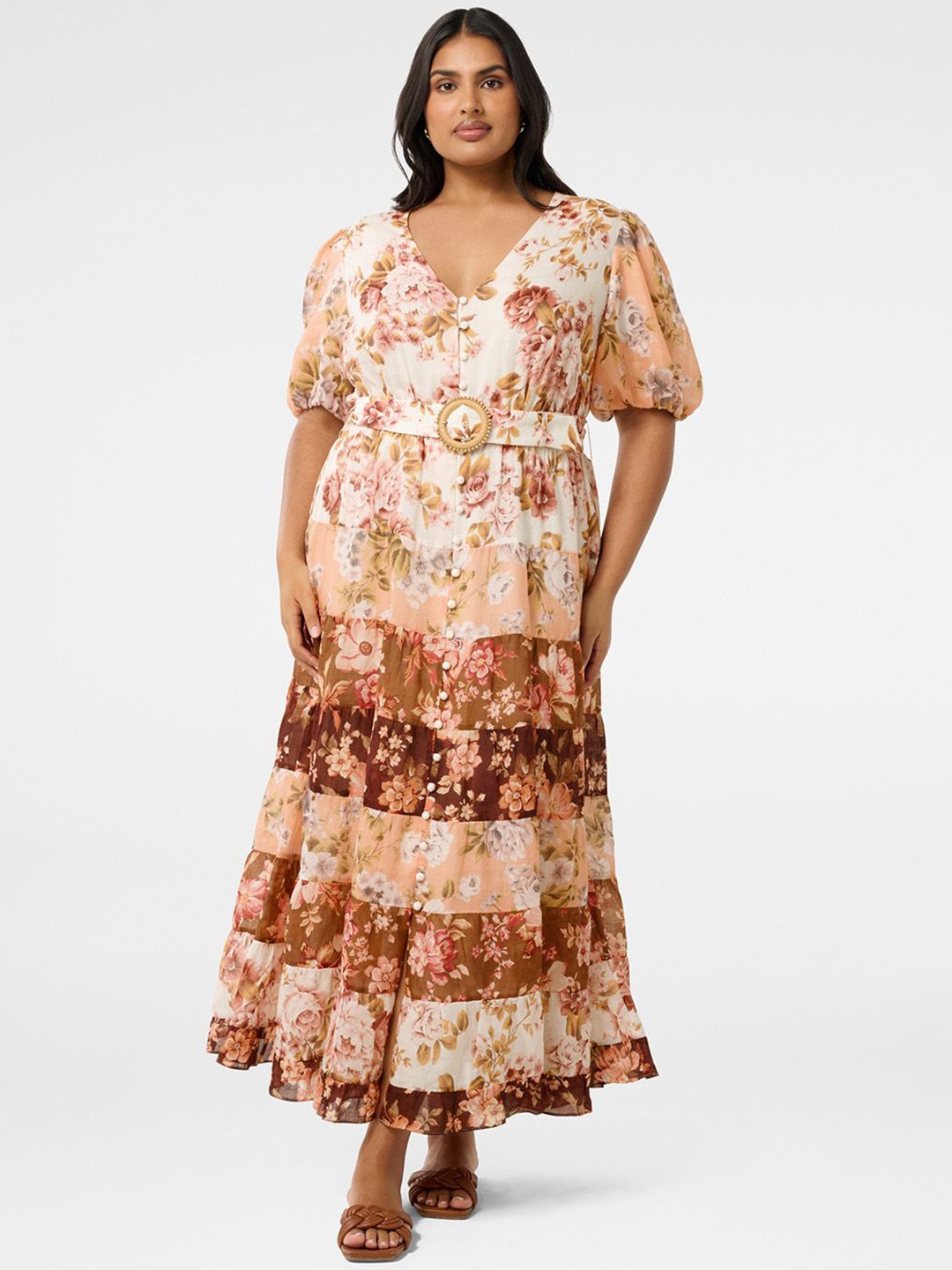

Forever New Floral Printed Puff Sleeve Tiered Maxi Dress, Beige