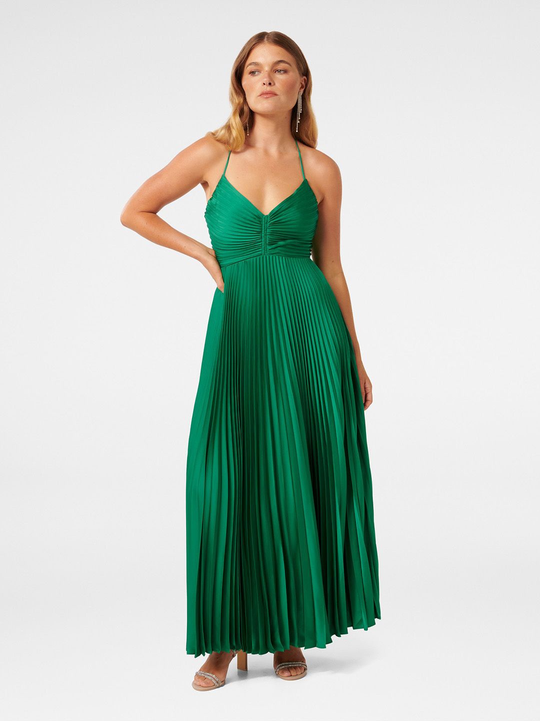 

Forever New Women Sleeveless Satin Pleated Fit and Flare Maxi Dress, Green