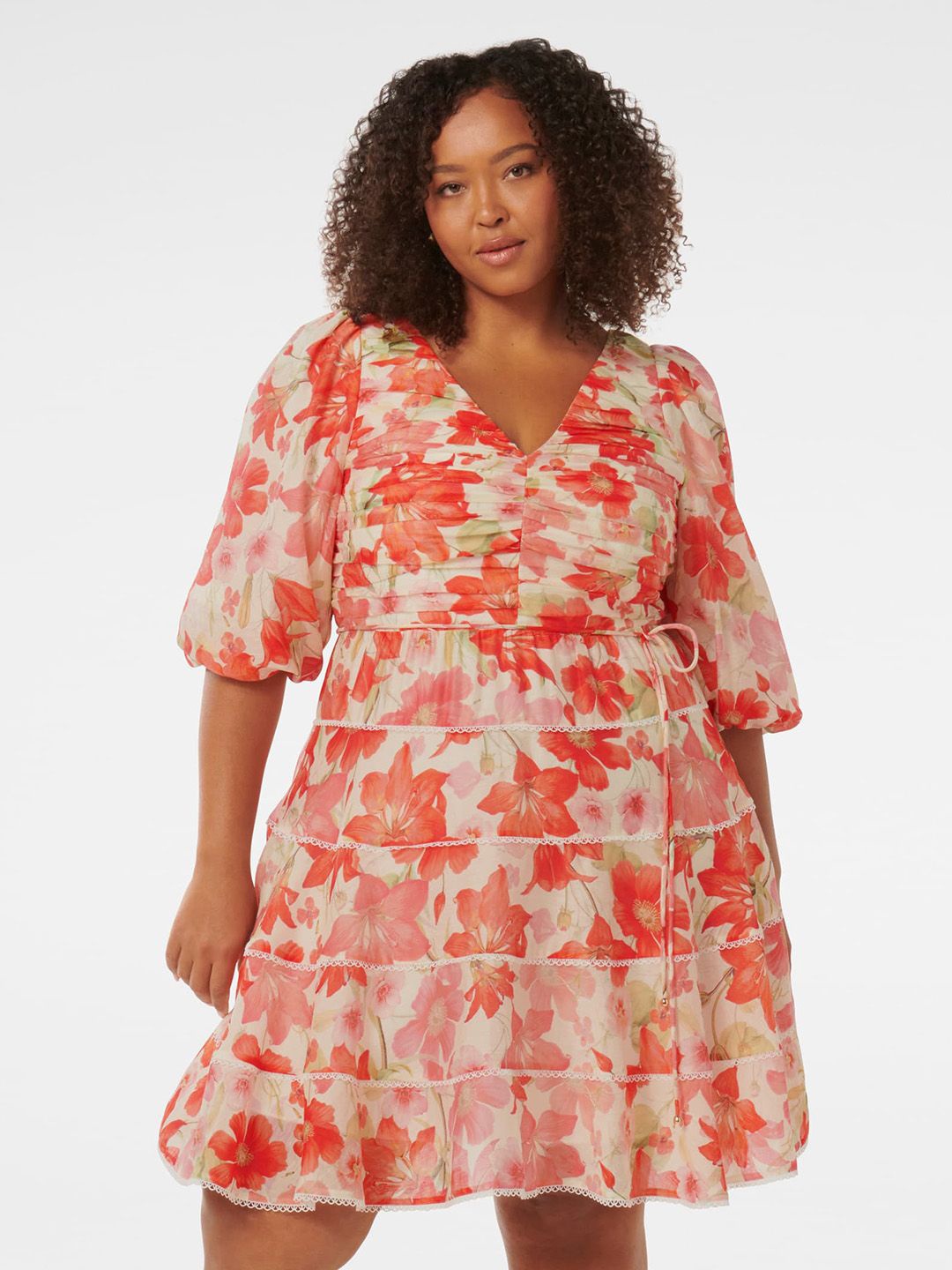 Forever New Women Floral Print Tiered Puff Sleeves Fit and Flare Dress, Multi