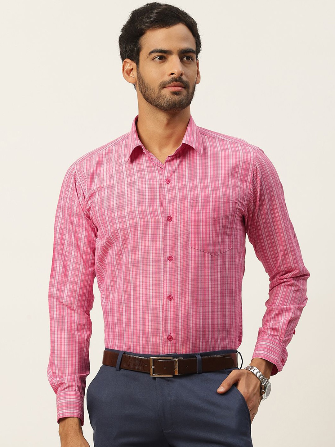 

English Navy Men Slim Fit Opaque Checked Formal Shirt, Coral