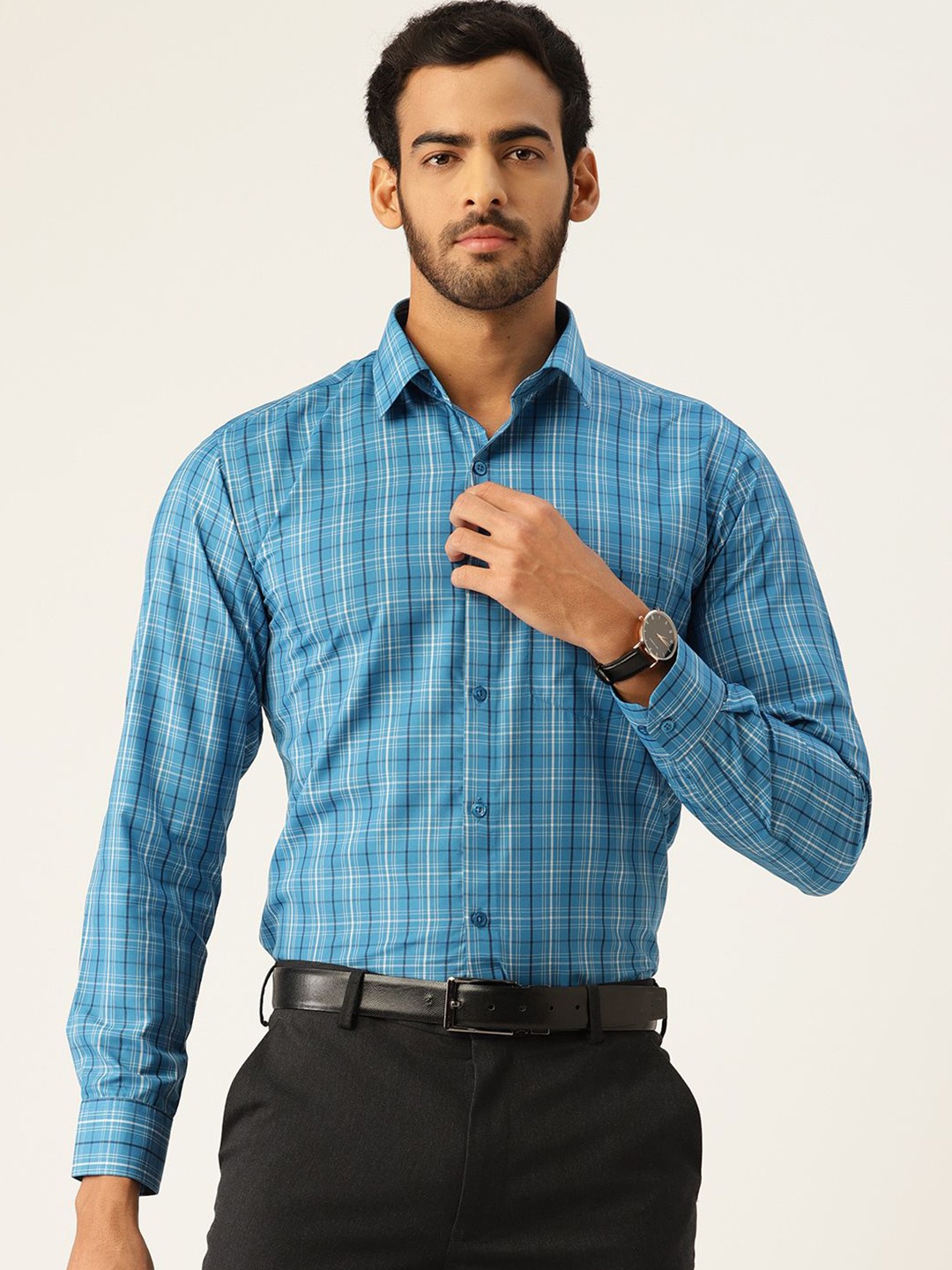 

English Navy Men Slim Fit Opaque Checked Formal Shirt, Blue