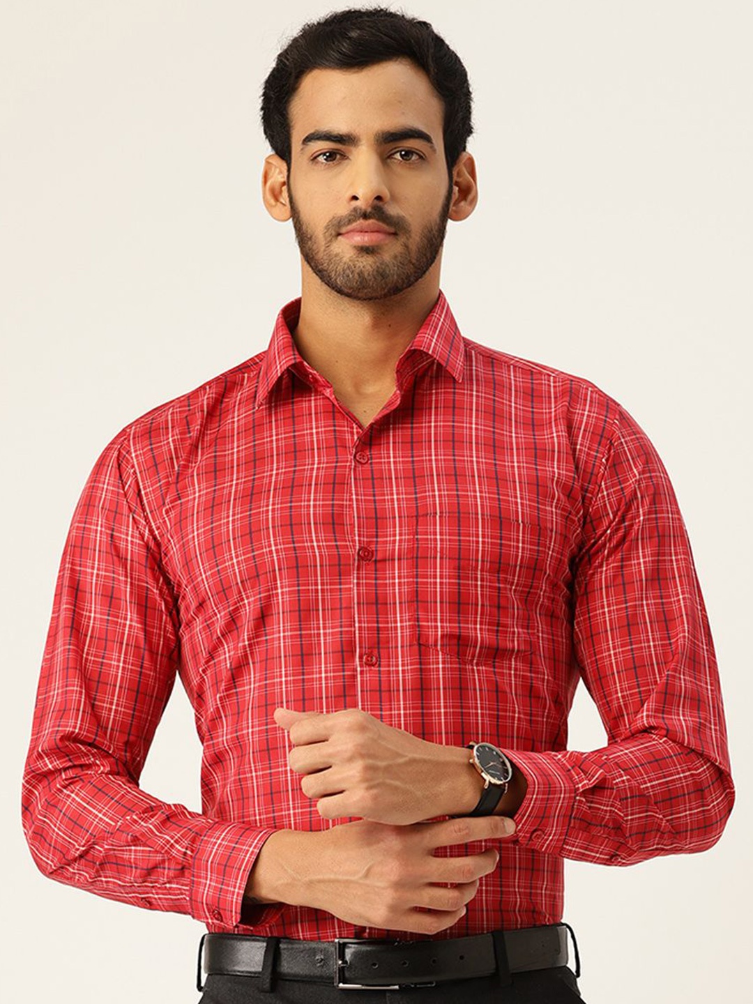 

English Navy Men Slim Fit Opaque Checked Formal Shirt, Red