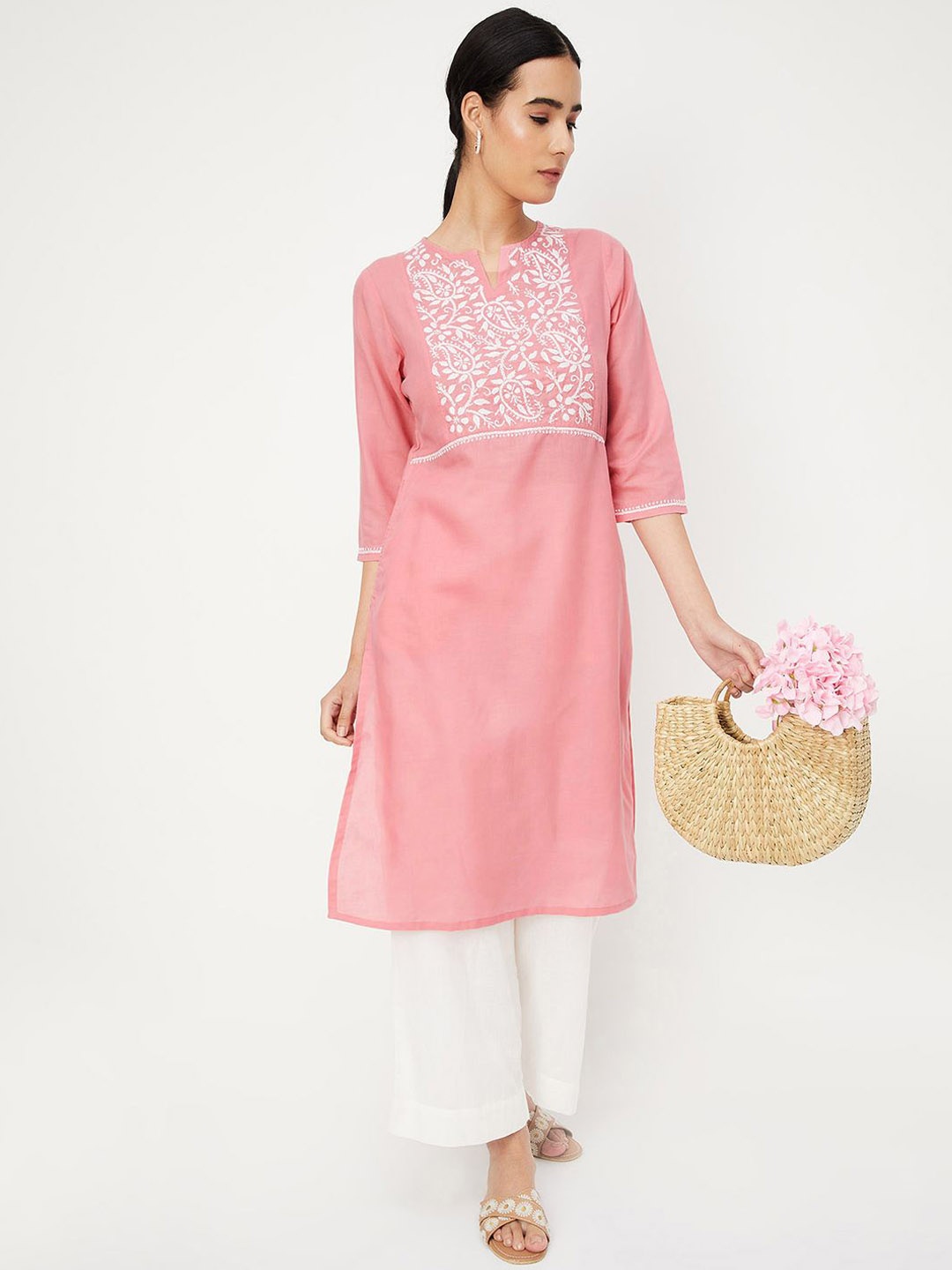 

max Floral Embroidered Notch Neck Straight Kurta, Pink