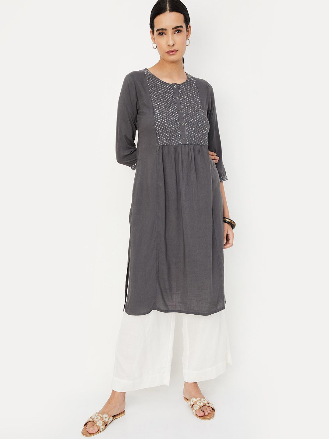 

max Floral Embroidered Straight Kurta, Grey