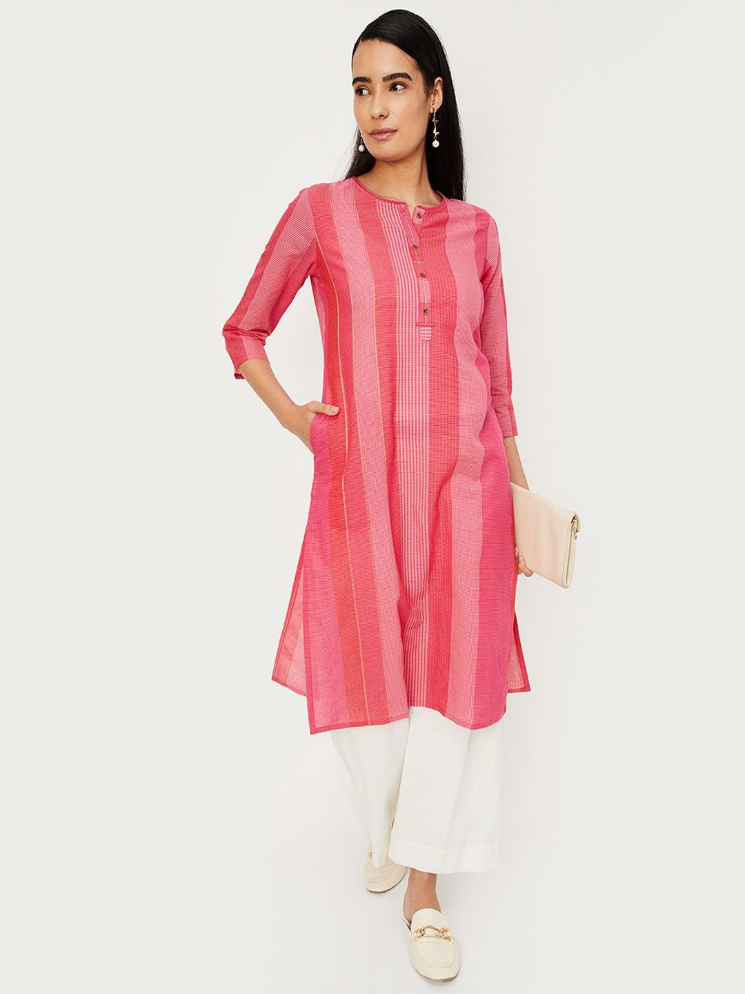 

max Striped Round Neck Straight Kurta, Pink