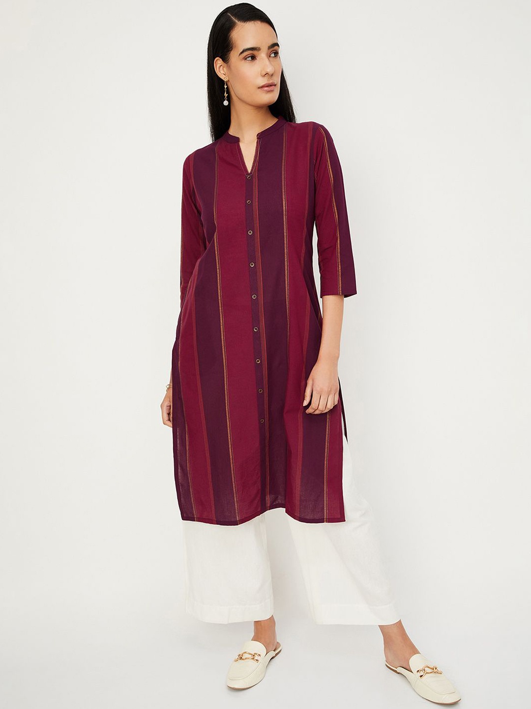

max Striped Mandarin Collar Straight Kurta, Purple