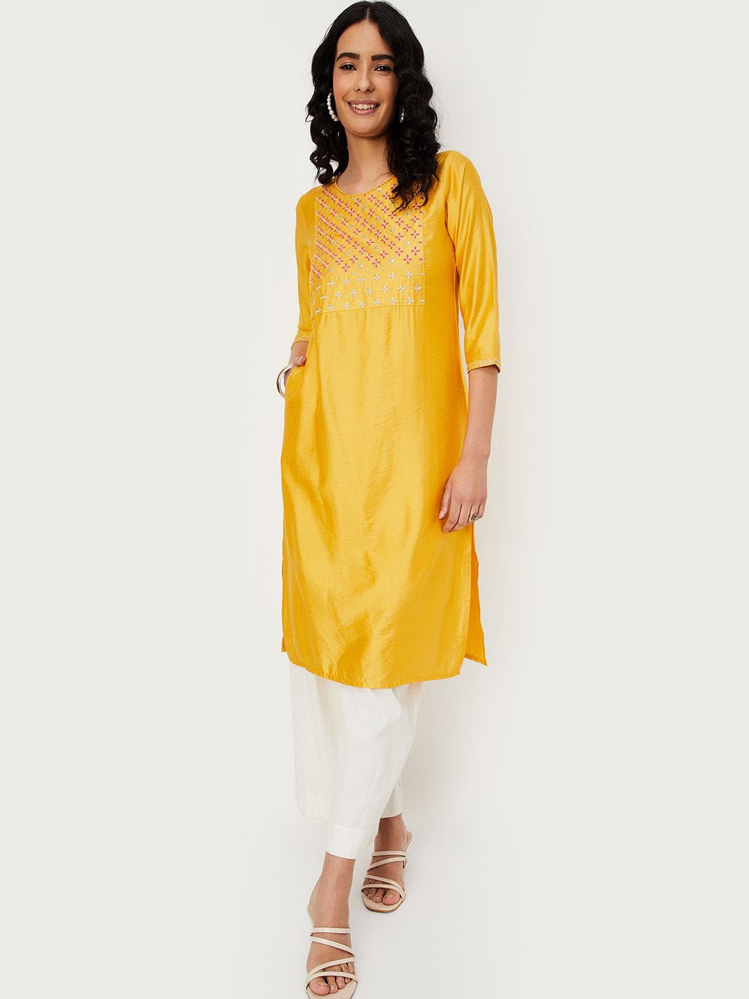 

max Floral Embroidered Round Neck Straight Kurta, Yellow