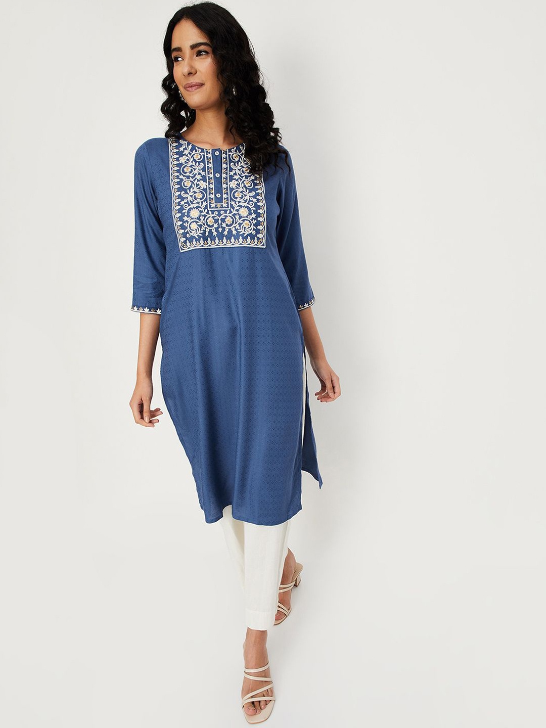 

max Floral Embroidered Round Neck Straight Kurta, Blue