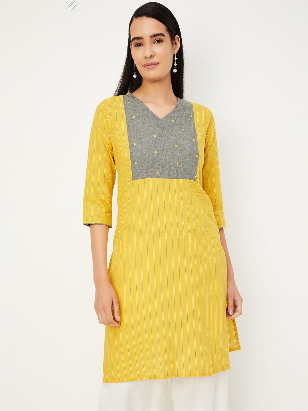 max Striped V-Neck Thread Work Straight Kurta, Yellow