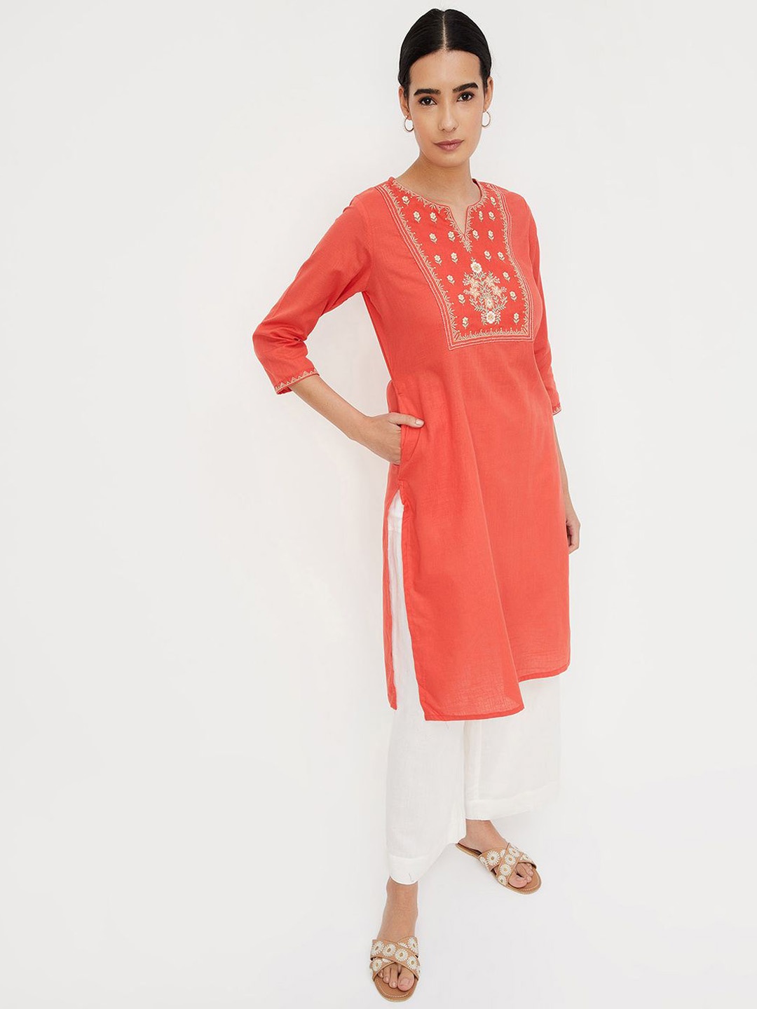 

max Floral Embroidered Notch Neck Straight Kurta, Orange