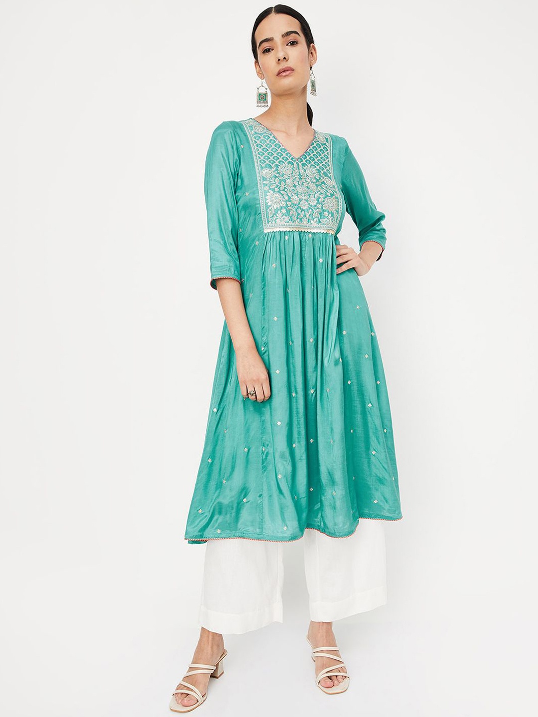 

max Floral Embroidered Sequinned Shantoon Pleated A-Line Kurta, Blue