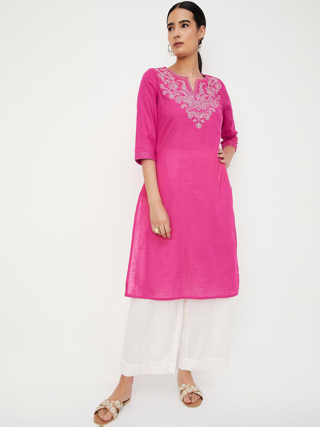 

max Ethnic Motifs Yoke Design Thread Work Notched Round Neck Cotton Straight Kurta, Pink