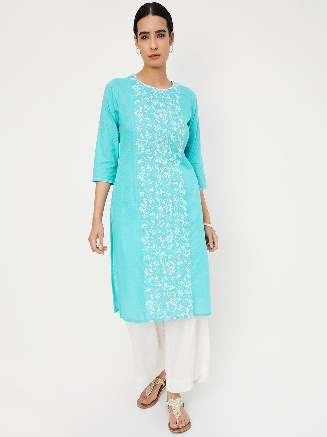 

max Floral Embroidered Thread Work Straight Kurta, Blue