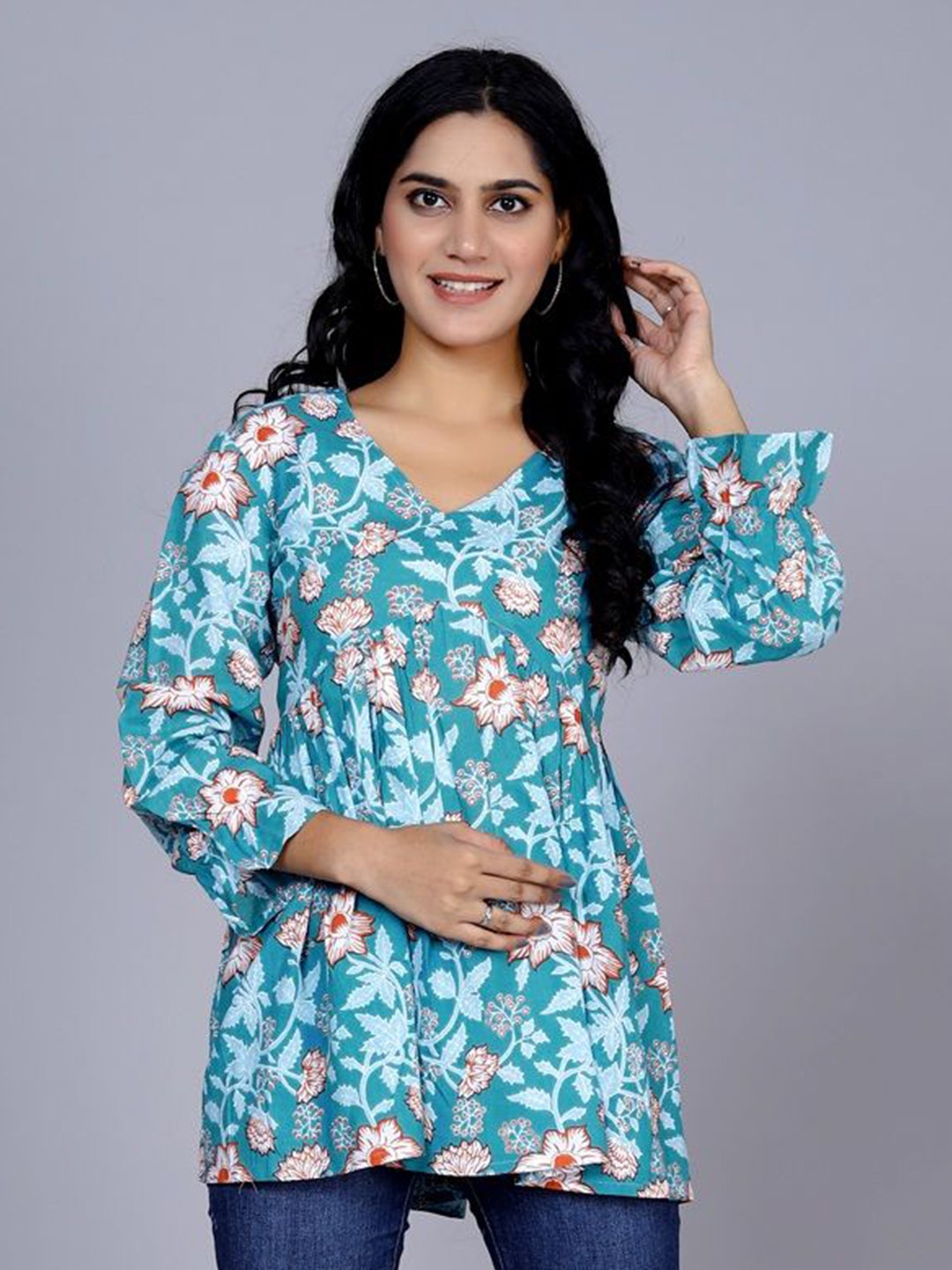 

MALANDRO Women Floral Printed Cotton A-Line Top, Turquoise blue