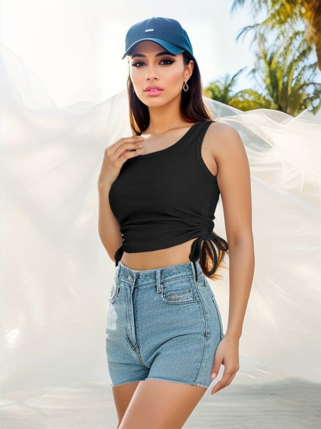 

StyleCast x Revolte Women Solid Ruched Round Neck Cotton Top, Black