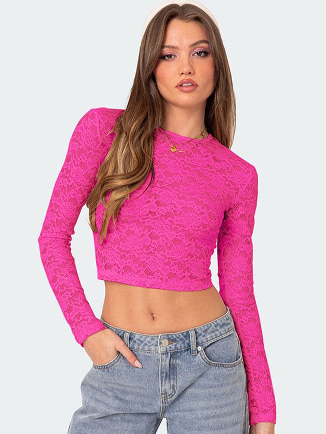 

StyleCast x Revolte Floral Net Crop Top, Fuchsia