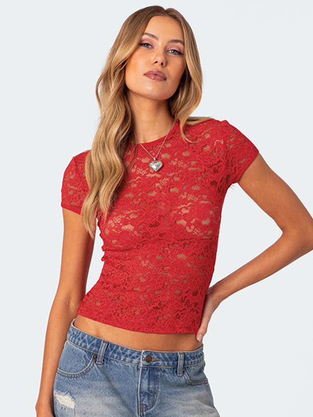 

StyleCast x Revolte Floral Print Net Top, Red