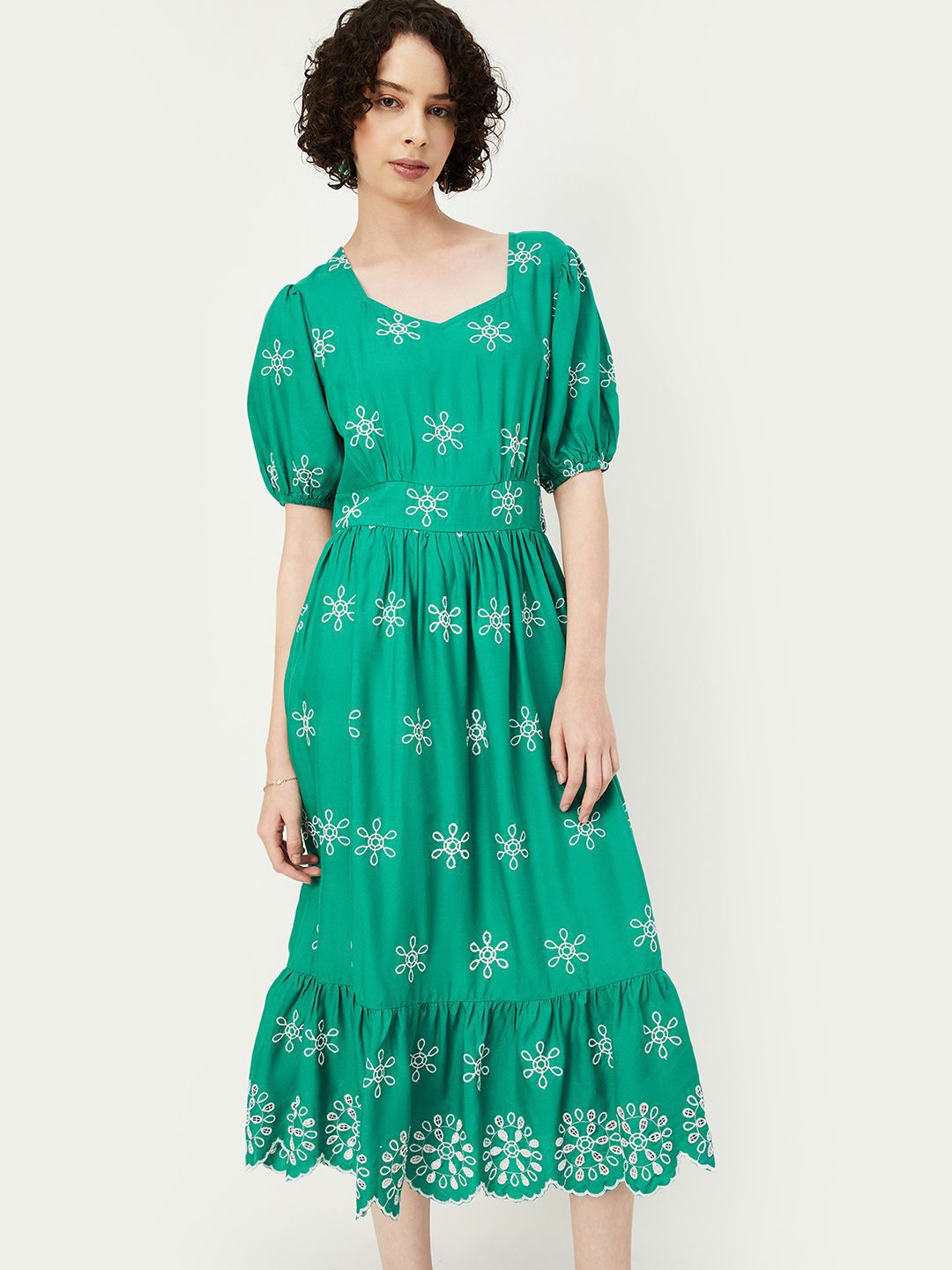 

max Floral Print Puff Sleeve Fit & Flare Midi Dress, Green