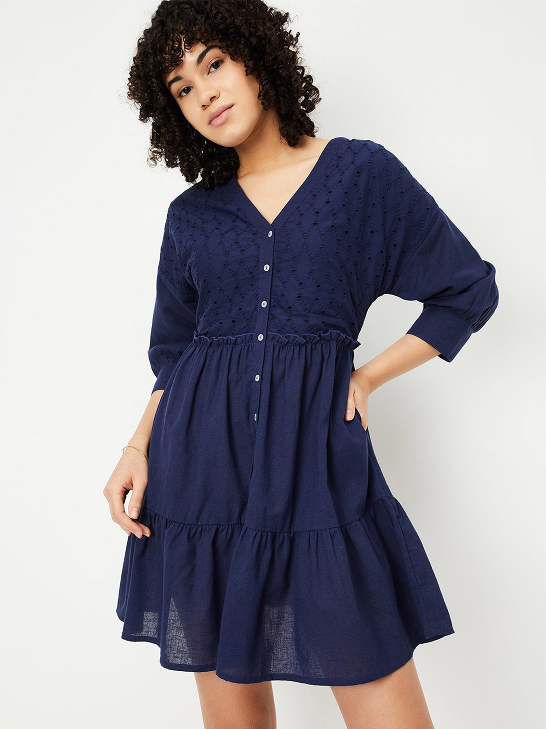

max Cuffed Sleeve Schiffli Pure Cotton A-Line Dress, Navy blue